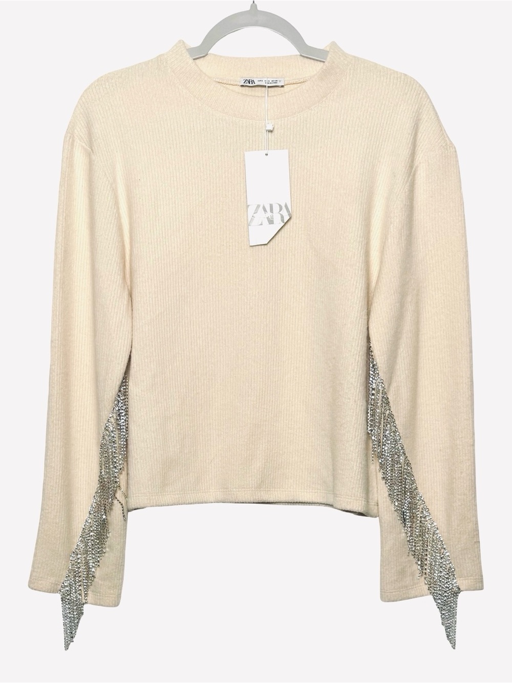 Zara Women’s Cream Long-Sleeve Sweater with Silver Fringe Detail, Size S, NWT